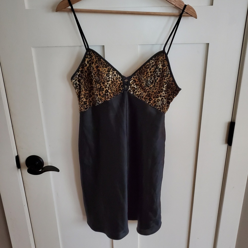 Vintage 90s California Miss Leopard Satin Chemise Nightgown Black M Slip Dress